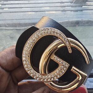 Signture  44" Black Genuin Leather Strap w/INTIAL accent Gold Designer Belt